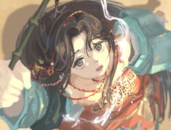  1girl :o arm_up bare_shoulders black_eyes black_hair chinese_clothes dipper dress from_above green_sleeves hair_branch hair_bun highres holding holding_spoon jiu_niangzi long_hair looking_up open_mouth red_dress reverse:1999 si'er'er'er solo spoon upper_body yellow_background 