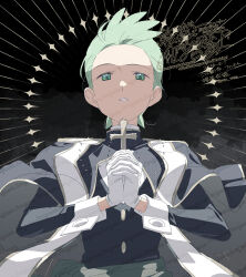  1boy black_background black_jacket cilan_(pokemon) cross gloves green_eyes green_hair highres holding holding_cross jacket long_sleeves looking_at_viewer male_focus parted_lips pokemon pokemon_bw serizawa_serizane short_hair solo upper_body watermark white_gloves 