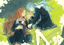 2girls bang_dream! bang_dream!_it's_mygo!!!!! barefoot black_ribbon blue_hair blue_shirt blue_skirt brown_hair closed_eyes grass grey_neckerchief hair_ribbon hand_on_another's_hand hand_on_own_chest hashtag-only_commentary holding_another's_arm jenjen light_blush light_smile long_hair long_sleeves lying multiple_girls multiple_hair_ribbons nagasaki_soyo neckerchief on_back on_side pleated_skirt ribbon sailor_collar school_uniform shirt sidelocks skirt sleeping_together togawa_sakiko tsukinomori_school_uniform white_sailor_collar 