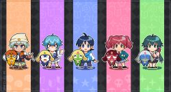  2boys 3girls angry azumaya_koyuki beanie bloodshot_eyes blue_eyes blue_hair chineseninja clenched_teeth commentary_request dororo_(keroro_gunsou) english_commentary frog giroro green_hair hat hinata_fuyuki hinata_natsumi hood hoodie houjou_mutsumi keroro keroro_gunsou kururu_(keroro_gunsou) lineup mixed-language_commentary multiple_boys multiple_girls necktie nishizawa_momoka open_mouth pink_hair pixel_art red_necktie red_ribbon ribbon tamama teeth twintails 