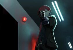  1boy aiming aiming_at_viewer alternate_costume black_gloves black_jacket cowboy_shot fluorescent_lamp gloves guhe0oo0 gun hair_between_eyes handgun highres holding holding_gun holding_weapon indoors jacket lauren_iroas long_hair long_sleeves looking_at_viewer nijisanji open_clothes open_jacket outstretched_arm ponytail red_hair red_light side_ponytail solo virtual_youtuber weapon 