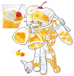  1girl :d blush_stickers bomal1215 boots cherry double-parted_bangs drinking_straw electric_plug electric_plug_tail fangs food fruit full_body hair_between_eyes ice_cream jacket long_hair long_sleeves mismatched_pupils multicolored_hair open_mouth orange_eyes orange_hair orange_jacket original personification photo_inset simple_background skin_fangs sleeves_past_fingers sleeves_past_wrists smile solo standing tail twitter_username two-tone_hair white_background white_boots white_hair 