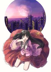  1girl black_eyes black_hair bow city full_moon hand_over_mouth highres houraisan_kaguya kneeling long_hair long_skirt moon nakajimayou skirt solo touhou 