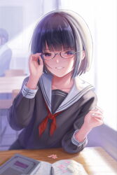  1girl 1other adjusting_eyewear bad_id bad_pixiv_id black-framed_eyewear black_hair black_shirt blunt_ends blurry blurry_background bob_cut book buttoned_cuffs buttons chair cherry_blossoms classroom day desk elbow_rest eraser flower highres indoors kafkasea long_sleeves looking_at_viewer neckerchief open_book original parted_lips pen petals pink_flower red_neckerchief russian_text sailor_collar school_chair school_desk shirt short_hair smile solo_focus textbook upper_body violet_eyes white_sailor_collar 