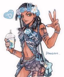  1girl arm_tattoo babydoll bag black_hair blue_nails bracelet commentary dark-skinned_female dark_skin dragona_joestar dreadlocks drink frilled_skirt frills front_slit green_eyes hair_ornament handbag head_wreath highres jewelry jojo_no_kimyou_na_bouken leg_tattoo midriff miniskirt naru_tomaki skirt solo symbol-only_commentary tattoo the_jojolands 