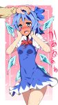  absurdres blue_eyes blue_hair blush bow cirno dress fang full-face_blush hair_bow hand_on_head hands_on_own_face highres ice melting open_mouth oriennto petting red_faced short_hair solo touhou wavy_mouth wings 
