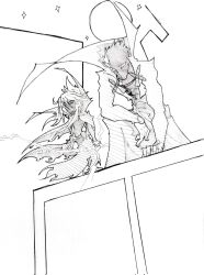  1boy 1girl age_difference archer_(fate) building chinese_knot chloe_von_einzbern commentary cropped_jacket energy english_commentary eyes_in_shadow face_in_shadow fate/grand_order fate/kaleid_liner_prisma_illya fate/stay_night fate_(series) feet_out_of_frame full_moon greyscale hatching_(texture) high_collar highres jacket leaning_forward linear_hatching long_hair longlere magic monochrome moon night no_pupils outdoors shade shadow short_hair sidelighting sky star_(sky) torn_clothes waist_cape western_comics_(style) 