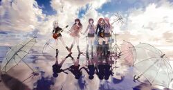  5boys 5girls absurdres bang_dream! bang_dream!_it's_mygo!!!!! bass_guitar black_hair black_shirt black_shoes black_socks blue_eyes blue_shirt blue_skirt blue_umbrella brown_dress brown_eyes brown_hair brown_shoes chihaya_anon chinese_commentary closed_mouth clouds commentary_request diagonal-striped_clothes diagonal-striped_necktie dress drum drum_set electric_guitar green_skirt grey_eyes grey_hair grey_jacket grey_neckerchief guitar guitar_strap haneoka_school_uniform heterochromia highres holding holding_guitar holding_hands holding_instrument instrument jacket kaname_raana kneehighs layered_sleeves linden_bd locked_arms long_hair long_sleeves mole mole_under_eye multiple_boys multiple_girls mygo!!!!!_(bang_dream!) nagasaki_soyo neckerchief necktie open_mouth pink_hair pink_umbrella plaid_clothes plaid_skirt pleated_skirt sailor_collar sailor_dress school_uniform shiina_taki shirt shoes short_hair short_over_long_sleeves short_sleeves skirt sky socks striped_clothes takamatsu_tomori transparent transparent_umbrella tsukinomori_school_uniform umbrella violet_eyes white_sailor_collar white_shirt yellow_eyes 