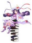  absurdres akase_rai book bow crescent dress hair_bow hat hat_ribbon highres open_book patchouli_knowledge purple_eyes purple_hair ribbon solo striped striped_dress touhou transparent_background vertical_stripes violet_eyes 