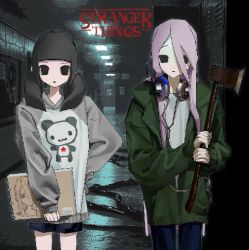  1boy 1girl animal_print axe beanie bear_print black_eyes black_hair blue_shorts blunt_bangs ceiling_light closed_mouth commentary copyright_name cowboy_shot denim empty_eyes english_text fluorescent_lamp green_jacket grey_hoodie hair_between_eyes hallway hand_on_own_hip hat headphones headphones_around_neck highres holding holding_axe holding_weapon hood hood_down hooded_jacket hoodie indoors jacket jeans long_hair long_sleeves looking_at_viewer multiple_girls open_clothes open_jacket original panda_print pants parody photo_background pink_hair print_hoodie shirt shorts sketchbook sleeves_past_wrists standing star_(symbol) stranger_things susushi_11 trap twintails weapon 