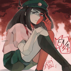  1girl black_hair blunt_bangs blunt_ends colored_skin ena:_dream_bbq ena_(dream_bbq) ena_(series) ena_(species) hat highres humanization kneehighs looking_at_viewer low_poly meanie_ena melukvivoo multicolored_skin red_skin shirt short_sleeves shorts single_kneehigh single_sock socks split-color_skin suspender_shorts suspenders two-tone_skin 