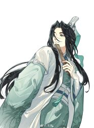  1boy bishounen black_hair chinese_clothes chinese_commentary closed_mouth coat commentary_request folded_fan folding_fan green_eyes green_hanfu green_ribbon hair_over_one_eye hand_fan hanfu highres holding holding_fan long_hair long_sleeves looking_to_the_side looking_up male_focus open_clothes open_coat renzha_fanpai_zijiu_xitong ribbon ribboned_xiao_guan robe sash shen_qingqiu simple_background sleeves_past_wrists smile solo tassel upper_body watermark weibo_watermark white_background white_coat white_sash wide_sleeves xiao_guan_(headdress) xuan_mao 