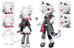  1boy 1girl androgynous animal_ears bandaid black_pants blood blood_bag bow chibi closed_eyes closed_mouth coat dog_ears full_body grey_coat grey_hair grey_pants hair_between_eyes hair_ornament hair_over_one_eye hairclip highres id_card jacket jitome lanyard layered_sleeves long_sleeves looking_at_viewer low_ponytail mechanical_ears mk1liaoqian mouse_ears mouse_girl mouse_tail multiple_expressions multiple_views name_tag one_eye_closed open_clothes open_mouth original pants pink_blood ponytail red_eyes reference_sheet ribbon safety_pin shirt shoes short_hair short_over_long_sleeves short_ponytail short_sleeves simple_background sleeves_past_wrists smile standing tail variations vest white_background white_hair white_ribbon white_shirt 