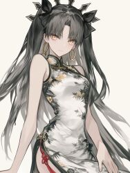  1girl :| ai-generated arm_support bare_arms bare_shoulders black_dress black_hair black_ribbon breasts brown_eyes china_dress chinese_clothes closed_mouth commentary_request dress earrings expressionless fate/grand_order fate_(series) hair_ribbon hand_on_own_thigh highres hoop_earrings ishtar_(fate) jewelry long_hair medium_breasts multicolored_dress parted_bangs ribbon satori_aiart shanghai_neckline side_slit simple_background sitting sleeveless sleeveless_dress solo tiara twintails upper_body white_background white_dress yellow_dress 