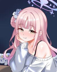  1girl absurdres angel_wings armpit_crease bare_shoulders blue_archive blue_background blue_flower blue_halo blunt_bangs blush bra_strap closed_mouth commentary crescent cunvaroy elbow_on_table english_commentary flower hair_bun hair_flower hair_ornament halo hand_on_own_face hand_up head_rest highres long_hair long_sleeves looking_at_viewer middle_part mika_(blue_archive) nose_blush off-shoulder_sweater off_shoulder pink_hair side_up_bun sidelocks simple_background single_side_bun sleeves_past_wrists smile solo star_(symbol) sweater upper_body white_wings wing_ornament wings yellow_eyes 