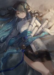 1girl :| absurdres ambience_synesthesia aqua_fur arknights bare_legs belt belt_around_waist black_hair black_skirt blue_belt blue_trim breasts chinese_clothes closed_mouth collared_shirt colored_extremities colored_inner_hair colored_skin commentary_request cowboy_shot dragon_girl dragon_horns dragon_tail dress dusk_(ambience_synesthesia)_(arknights) dusk_(arknights) earrings eastern_dragon_horns eastern_dragon_tail expressionless eyeliner gradient_hair green_fur green_hair green_horns green_skin hair_between_eyes hair_spread_out high-waist_skirt high_belt highres holding holding_scroll horns jewelry knee_up long_bangs long_hair long_sidelocks long_sleeves looking_ahead lying makeup mandarin_collar medium_breasts multicolored_hair natsukawa o-ring o-ring_belt official_alternate_costume on_back on_ground orange_eyes painting_(object) pale_skin pencil_skirt pointy_ears raised_eyebrows red_eyeliner revision scroll shirt shirt_tucked_in side_slit sidelocks skirt solo straight_hair streaked_hair tail tassel tassel_earrings triangle_print two-tone_hair very_long_hair very_long_tail white_dress white_shirt white_tail wide_sleeves 