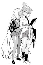  2girls absurdly_long_hair alternate_costume backpack bag bare_legs behind_another book breasts closed_eyes closed_mouth clothes_around_waist collared_shirt cookie_run cookie_run:_ovenbreak crossed_ankles curly_sidelocks dark-skinned_female dark_skin double-parted_bangs dual_persona eyepatch food-themed_hair frown full_body greyscale hair_between_eyes hair_bun hair_intakes highres holding holding_book hug hug_from_behind humanization jacket jacket_around_waist kneehighs long_hair looking_at_viewer medical_eyepatch miniskirt monochrome multicolored_hair multiple_girls necktie ohta_guk_hip one_eye_covered parted_bangs pleated_skirt school_bag school_uniform selfcest shirt shoes short_hair simple_background single_hair_bun sketch skirt small_breasts socks standing streaked_hair sweat three-quarter_sleeves timekeeper_cookie tsurime u_u very_long_hair white_background yuri 