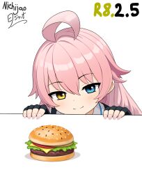  1girl ahoge black_gloves blue_archive blue_eyes blush burger commentary_request fingerless_gloves food gloves hair_between_eyes heterochromia highres hoshino_(blue_archive) huge_ahoge long_hair long_sleeves nichijao pink_hair school_uniform shirt simple_background smile solo tactical_school_uniform white_background white_shirt yellow_eyes 