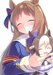 1girl absurdres animal_ears armband blue_jacket blush bow braid brown_hair character_doll closed_eyes closed_mouth commentary_request doll dress ear_bow ear_ribbon grass_wonder_(stone-piercing_blue)_(umamusume) grass_wonder_(umamusume) half_up_braid highres holding holding_doll horse_ears horse_girl horse_tail jacket kanzakietc long_hair long_sleeves looking_at_viewer multicolored_hair open_mouth purple_bow purple_shirt purple_skirt red_armband sailor_collar sailor_shirt school_uniform shirt short_hair skirt smile special_week_(umamusume) tail thigh-highs tracen_school_uniform two-tone_hair umamusume white_hair white_sailor_collar white_skirt white_thighhighs 