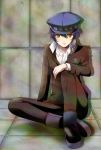  androgynous bad_id blue_eyes blue_hair cabbie_hat crossdressinging expressionless female hat looking_away machinosuke persona persona_4 platform_footwear reverse_trap school_uniform shirogane_naoto short_hair signature sitting solo tomboy wavy_hair 