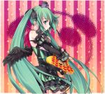  detached_sleeves electric_guitar green_eyes green_hair guitar hair_ribbon hat hatsune_miku heart hintei_glasses instrument long_hair mini_top_hat ribbon skirt solo striped striped_background top_hat twintails very_long_hair vocaloid wings 