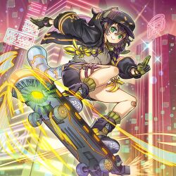  anonymous_(yu-gi-oh!) baseball_cap braid building commentary_request fake_tail game_cg gloves green_eyes hat jacket kunai midair neon_lights neyqiigrpaer official_alternate_costume s-force_rappa_chiyomaru s:p_little_knight shoes skateboard smile tail thigh_strap third-party_source twin_braids weapon yu-gi-oh! yu-gi-oh!_master_duel 