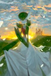  blush castle closed_eyes colored_skin commentary_request dress gardevoir green_skin hakumogera highres multicolored_skin petals pokemon pokemon_(creature) smile sunrise two-tone_skin white_dress white_petals white_skin 
