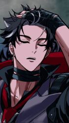  1boy absurdres arm_up black_choker black_gloves black_hair choker closed_eyes commentary_request ear_piercing earrings fingerless_gloves genshin_impact gloves grey_hair hanaslime hand_in_own_hair highres jewelry lapels male_focus multicolored_hair open_mouth piercing short_hair short_sleeves solo streaked_hair teeth upper_teeth_only wriothesley_(genshin_impact) 