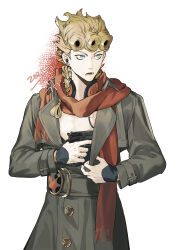  1boy 2025 absurdres blonde_hair blue_eyes braid braided_ponytail commentary_request dated earphones earphones earrings giorno_giovanna gun highres holding holding_gun holding_weapon jewelry jojo_no_kimyou_na_bouken ladybug_ornament simple_background solo ssyoukyo_sori stud_earrings vento_aureo weapon white_background 