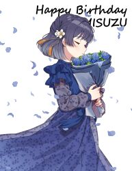  1girl blunt_bangs bob_cut bouquet character_name closed_eyes commentary_request cowboy_shot dress floral_print floral_print_dress flower from_side gakuen_idolmaster hair_flower hair_ornament happy_birthday hataya_misuzu highres holding holding_bouquet idolmaster kamille_(vcx68) long_dress long_sleeves petals print_dress purple_dress purple_flower purple_hair short_hair solo white_background white_flower 