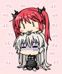  &gt;:3 2girls :&lt; :3 =_= ahoge blush_stickers bow chewing chibi cthugha_(nyaruko-san) eating_hair hair_in_mouth hair_ribbon haiyore!_nyaruko-san k10k long_hair mouth_hold multiple_girls nyarlathotep_(nyaruko-san) red_hair redhead ribbon saliva shaded_face silver_hair skirt twintails 