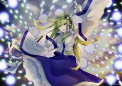  1girl absurdres arm_up arnold_fland blue_skirt breasts commentary_request danmaku detached_sleeves frilled_skirt frills frog_hair_ornament gohei green_eyes green_hair hair_ornament hair_tubes highres holding holding_gohei kochiya_sanae long_hair looking_at_viewer open_mouth single_hair_tube skirt snake_hair_ornament solo touhou very_long_hair 