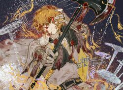  1boy aiguillette armor ascot belt belt_buckle black_ascot black_belt blonde_hair blood blood_in_hair blood_on_clothes blood_on_face blood_on_weapon buckle closed_mouth coat coat_on_shoulders collared_coat collared_shirt commentary foreshortening gauntlets halberd hand_on_own_head highres holding holding_polearm holding_weapon kalliope_orc lapels limbus_company looking_at_viewer male_focus n_corp._fanatic_(identity)_(project_moon) nosebleed outstretched_arm pauldrons polearm project_moon red_eyes shirt short_hair shoulder_armor sinclair_(project_moon) single_gauntlet single_pauldron solo star_ornament symbol-only_commentary twitter_username two-sided_coat two-sided_fabric undershirt upper_body wax_seal weapon white_coat white_shirt wide-eyed yellow_coat yellow_pupils 