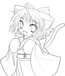  absurdres animal_ears bow cat_ears cat_tail hair_bow highres japanese_clothes kimono lineart monochrome open_mouth original paws smile solo tail transparent_background yume_shokunin 