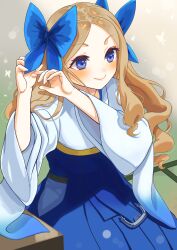  1girl absurdres anchor_ornament asakaze_(kancolle) blue_bow blue_eyes blue_hakama blue_kimono bow brown_hair commentary_request forehead hair_bow hakama highres japanese_clothes kantai_collection kimono meiji_schoolgirl_uniform neko_to_imo parted_bangs smile solo tatami 