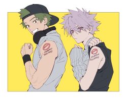 2boys arm_tattoo backwards_hat baseball_cap black_shirt border brown_eyes closed_mouth commentary cross_scar detached_sleeves from_side green_hair grey_shirt grin hat headphones headphones_around_neck height_difference highres kanzaki_kaoru kaohom503_2 kotaro_tamon looking_at_viewer male_focus multiple_boys outside_border phantom_busters scar scar_across_eye scar_on_face shirt short_hair sleeves_pushed_up smile symbol-only_commentary tattoo text_tattoo violet_eyes white_border wristband yellow_background 