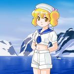  1girl apple_paradise arms_behind_back bird blonde_hair hat ice lowres midriff navel penguin sailor sailor_collar sailor_hat short_hair short_twintails shorts solo twintails water 