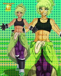  1girl abs absurdres artist_name black_bracer black_gloves black_scrunchie black_tank_top boots bracer braid broly_(dragon_ball_super) broly_(dragon_ball_super)_(cosplay) character_name clothes_around_waist commentary copyright_name cosplay crossover dark-skinned_female dark_skin dclaret dragon_ball dragon_ball_super dragon_ball_super_broly english_commentary facing_viewer fang fate/apocrypha fate/grand_order fate_(series) full_body fur_(clothing) fusion gloves gradient_background green_background green_eyes green_fur green_hair hair_between_eyes hair_ornament hair_scrunchie half_up_braid highres legendary_super_saiyan midriff mordred_(fate) mordred_(fate/apocrypha) muscular muscular_arms muscular_female navel outline outstretched_arms pants pelt polka_dot polka_dot_background purple_pants scar scar_on_cheek scar_on_chest scar_on_face scrunchie shadow signature smirk solo spread_arms super_saiyan tan tank_top white_boots white_outline zoom_layer 