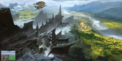  aircraft airship bird building clouds concept_art fengzhudesign final_fantasy final_fantasy_vi grass highres mountain river road sky snow tree 
