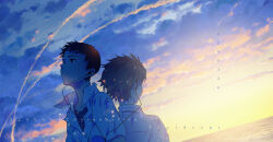  2boys absurdres artist_name black_hair black_shirt closed_mouth clouds collared_shirt commentary dated dutch_angle earphones english_commentary facing_away from_behind from_side grey_hair highres ikari_shinji looking_up male_focus multiple_boys nagisa_kaworu neon_genesis_evangelion outdoors shared_earphones shirt short_hair sky t-shirt teardrops_(user_vgvd7733) unbuttoned unbuttoned_shirt upper_body white_shirt 