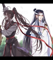  2boys ahoge animal arm_up black_hair black_hanfu black_sash brown_hair chinese_clothes closed_eyes closed_mouth commentary_request falling_petals fish floating_hair grey_pants grey_shirt hair_ribbon hanfu headband high_ponytail highres holding holding_animal holding_fish holding_scroll implied_yaoi kanda_faf2 lan_wangji letterboxed long_hair long_sleeves looking_at_another male_focus modao_zushi multiple_boys official_alternate_costume open_mouth outdoors pants petals ponytail red_ribbon red_sash ribbon robe sash scroll shirt sidelocks smile standing tassel topknot twitter_username very_long_hair wei_wuxian wei_wuxian_(yunmeng_clan) white_hanfu white_headband wide_sleeves xiao_guan_(headdress) yaopei yellow_eyes 