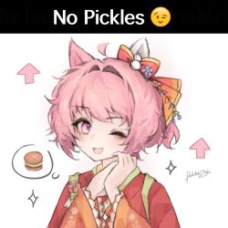  1girl ;d ahoge animal_ears bow burger commentary doktahzaki ear_bow emoji english_commentary english_text food hair_intakes hair_ornament haru_urara_(new_year_new_urara!)_(umamusume) haru_urara_(umamusume) highres horse_ears horse_girl image_macro_(meme) japanese_clothes kanzashi kimono long_sleeves looking_at_viewer meme one_eye_closed open_mouth pink_eyes pink_hair red_bow red_kimono short_hair signature smile solo speech_bubble star_(symbol) thought_bubble tsumami_kanzashi umamusume upper_body 