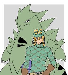  1boy blonde_hair blue_eyes brown_gloves commentary crossover diego_brando gloves green_helmet green_sweater helmet highres jockey jojo_no_kimyou_na_bouken kabutom_ue_shi male_focus medium_hair pokemon pokemon_(creature) serious steel_ball_run sweater turtleneck turtleneck_sweater tyranitar 