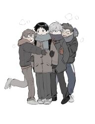  4boys aida_kensuke black_gloves black_hair black_pants black_shoes blush brown_pants coat commentary_request duffel_coat full_body gloves hand_in_pocket highres hug ikari_shinji male_focus multiple_boys nagisa_kaworu neon_genesis_evangelion oshio_(baniniwana) pants scarf shoes short_hair simple_background standing suzuhara_touji white_background white_shoes winter_clothes winter_coat 