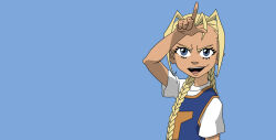  1girl basketball_jersey blonde_hair blue_background blue_eyes braid child cindy_mcphearson commentary derivative_work english_commentary long_bangs long_hair looking_at_viewer loser_gesture open_mouth shirt smirk smug solo teeth the_boondocks twin_braids upper_body upper_teeth_only vector_trace white_shirt yourfavoritesenpai 