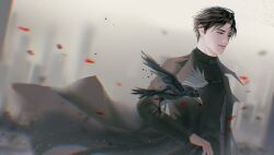 1boy animal_on_arm belt_collar bird bird_on_arm black_coat black_hair black_shirt chest_belt coat collar cowboy_shot crow dutch_angle falling_petals hashtag-only_commentary highres male_focus omniscient_reader's_viewpoint open_clothes open_coat petals popped_collar shirt short_hair skyline solo wei_inn wide_shot wind wind_lift yoo_joonghyuk 