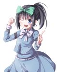  ;d absurdres bad_id black_hair blue_eyes bow character_request copyright_request gurasion_(gurasion) hair_ribbon highres holding kunihiro_hajime open_mouth ponytail ribbon saki simple_background smile solo star white_background wink 