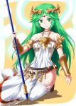  armlet breasts choker crown gauntlets gold green_eyes green_hair highres jewelry kid_icarus long_hair necklace nishiumi_yuuta palutena smile solo staff thigh-highs thighhighs thighs 