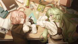  2girls absurdres ahoge black_gloves black_vest blue_archive blush closed_eyes closed_mouth commentary doumu_(31678316) fingerless_gloves gloves green_hair halo highres holding holding_pencil hoshino_(blue_archive) hoshino_(first_year)_(blue_archive) huge_ahoge indoors long_hair looking_at_another multiple_girls official_alternate_costume official_alternate_hair_length official_alternate_hairstyle pencil pink_hair shirt short_hair sleeping sleeping_on_desk smile vest white_shirt yellow_eyes yellow_halo yume_(blue_archive) 