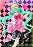  aosuke_(ayakawa_akito) bespectacled blush character_name checkered checkered_background detective fang footprints glasses green_eyes green_hair hat hatsune_miku heart highres long_hair magnifying_glass open_mouth solo twintails very_long_hair vocaloid 